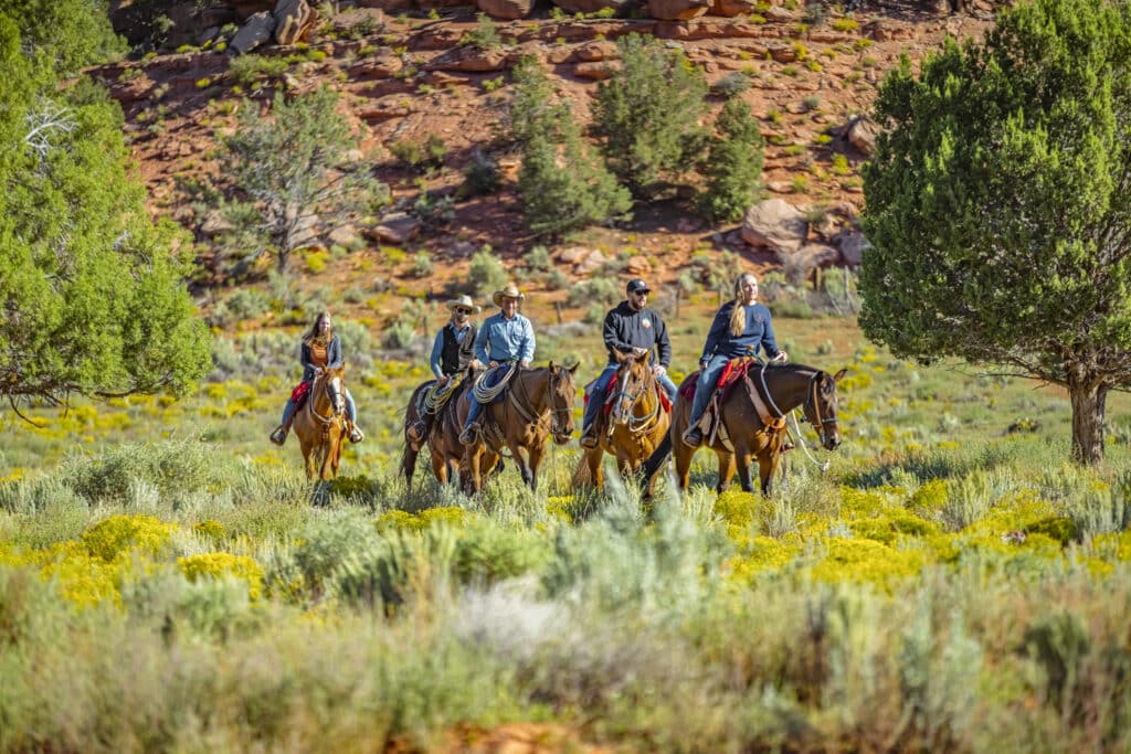 A group of four riders on horseback in a vibrant, grassy landscape with rocky hills in the background.